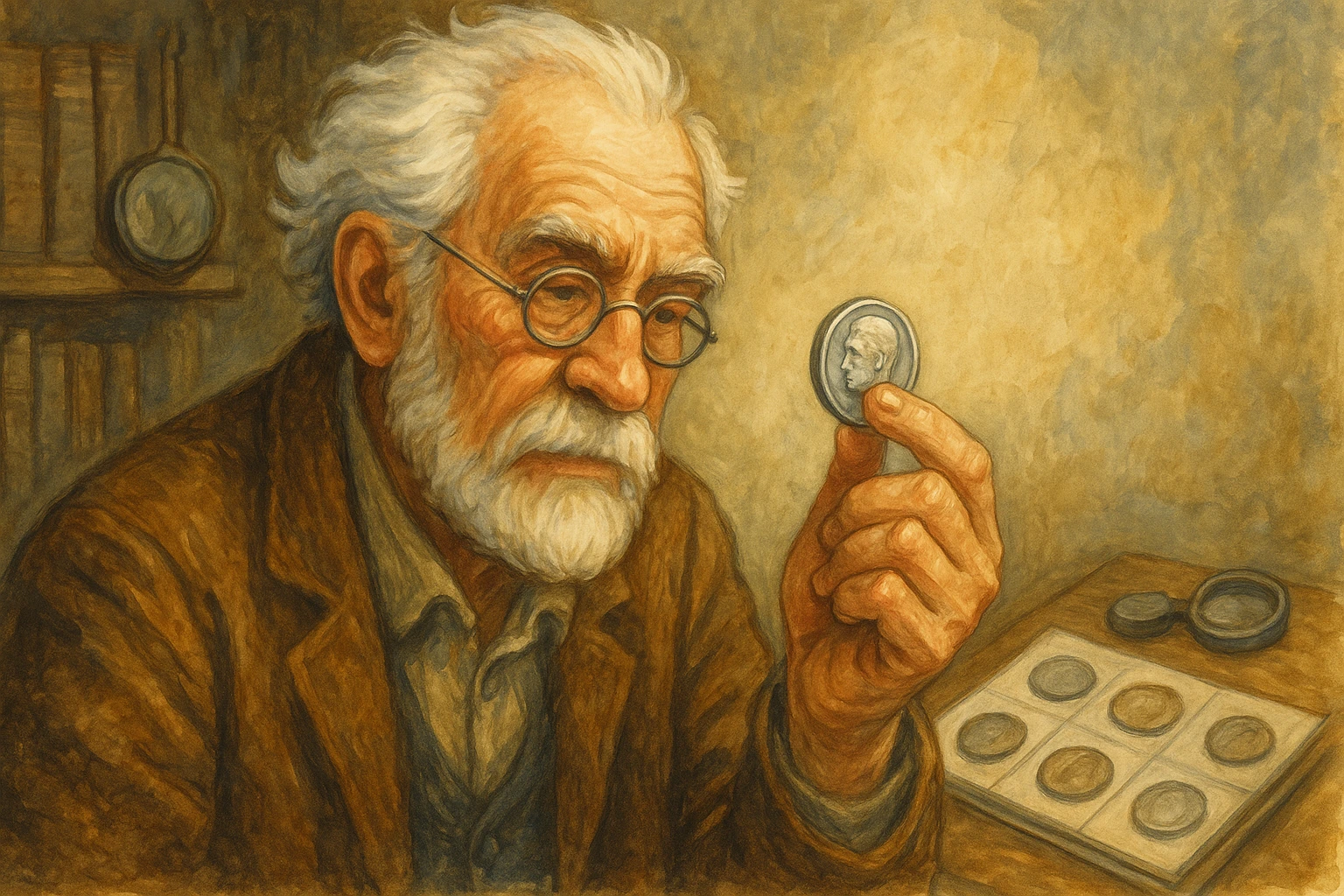 An old numismatist is holding a silver coin in his hand.