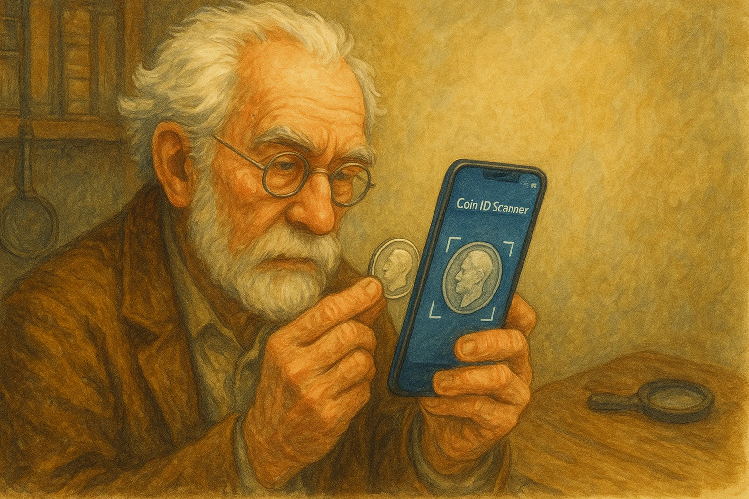  A numismatist is scanning a coin via the Coin ID Scanner.