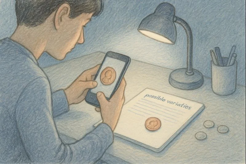  A collector scans a penny for possible rare variations.