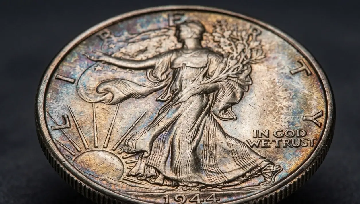 a 1944 half dollar coin with emphasis on toning